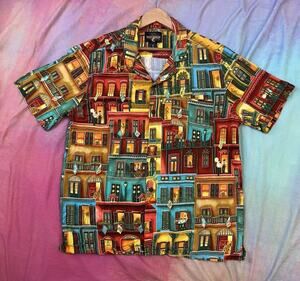 Bayou Wear New Orleans Jazz Fest Hawaiian Shirt Quarter Wrap Print Camp Sz M